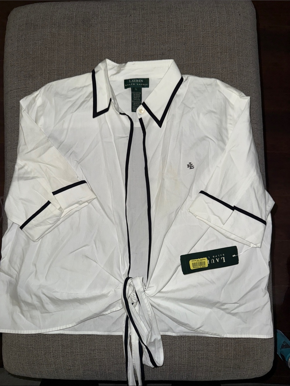 Lauren Ralph Lauren White Shirt Jacket with Black Trim and Tie Hem